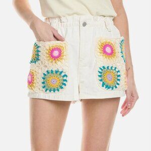 BlankNYC Crochet Pocket Paperbag Jean Shorts M White Granny Square Patchwork NWT